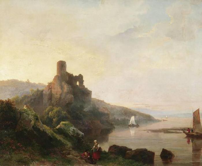 Pieter Lodewyk Kuhnen Romantic Rhine landscape with ruin at sunset Germany oil painting art